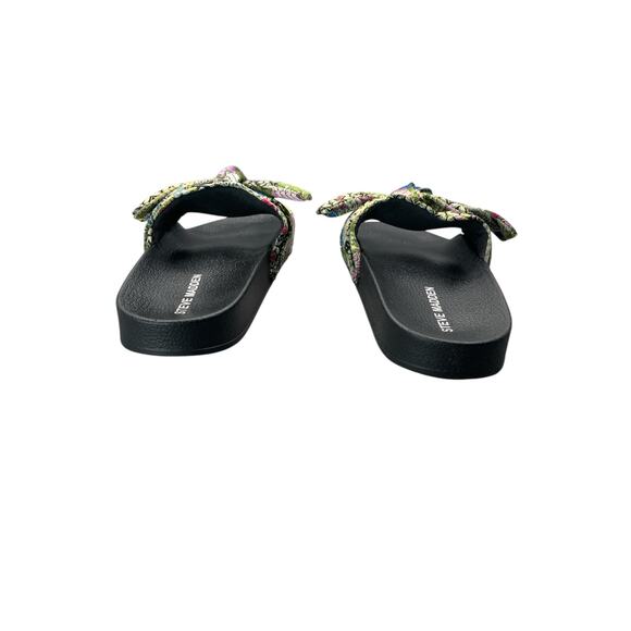 Steve Madden Silky Metallic Multi Color Oriental Pattern Bow Slides Sandals Sz 8 - Picture 4 of 8